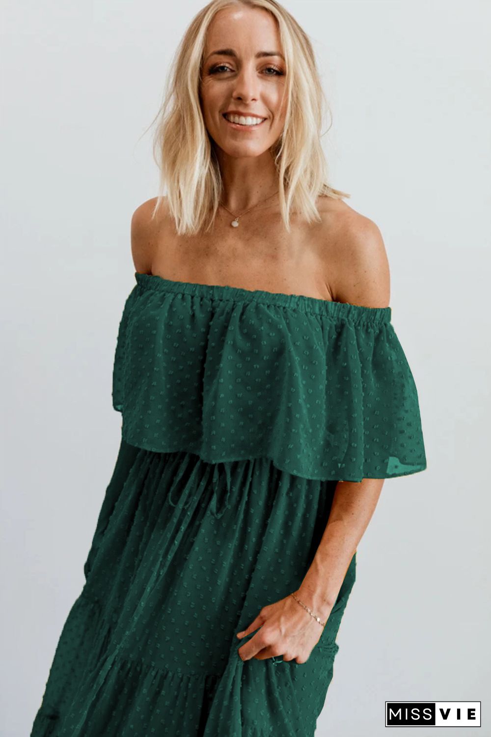 Green Off Shoulder Ruffle Swiss Dot Maxi Dress