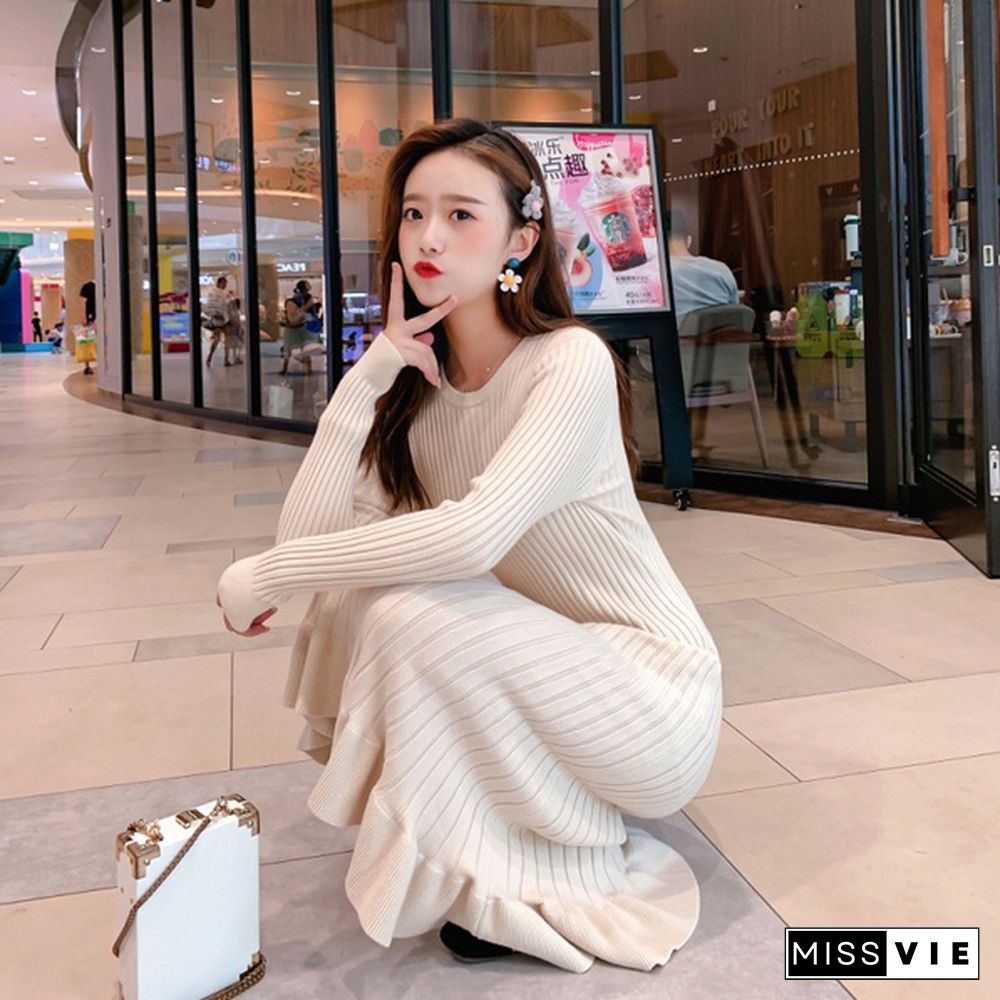 Autumn And Winter Ruffled Fishtail Skirt Slim Bag Hip Inside Bottoming Over The Long Sweater Knit Sweater Dress