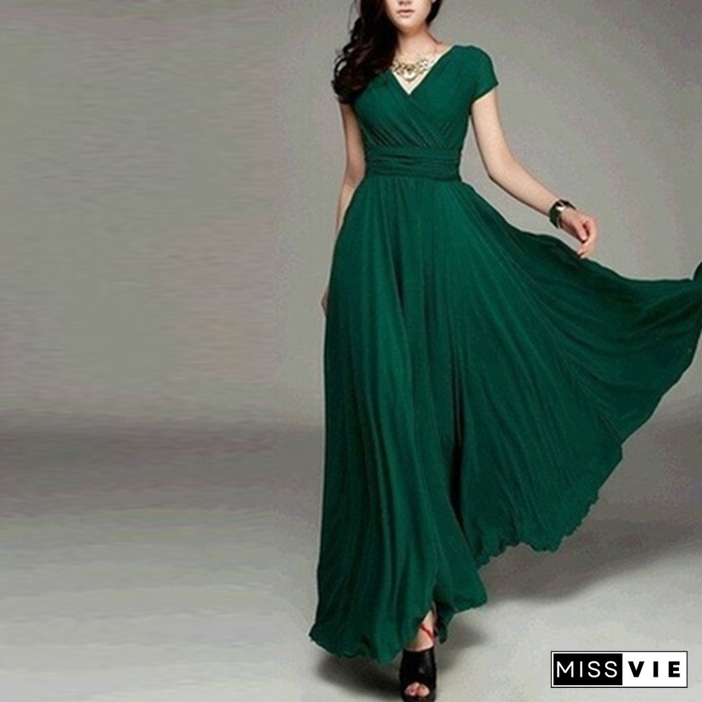 Women's Fashion Spring Summer Autumn Bohemian Maxi Dress Beach Evening Dress V-neck Sexy Women Summer Boho Long Dress Evening Party Prom Dress Sundress Chiffon Dress Plus Size S-3XL