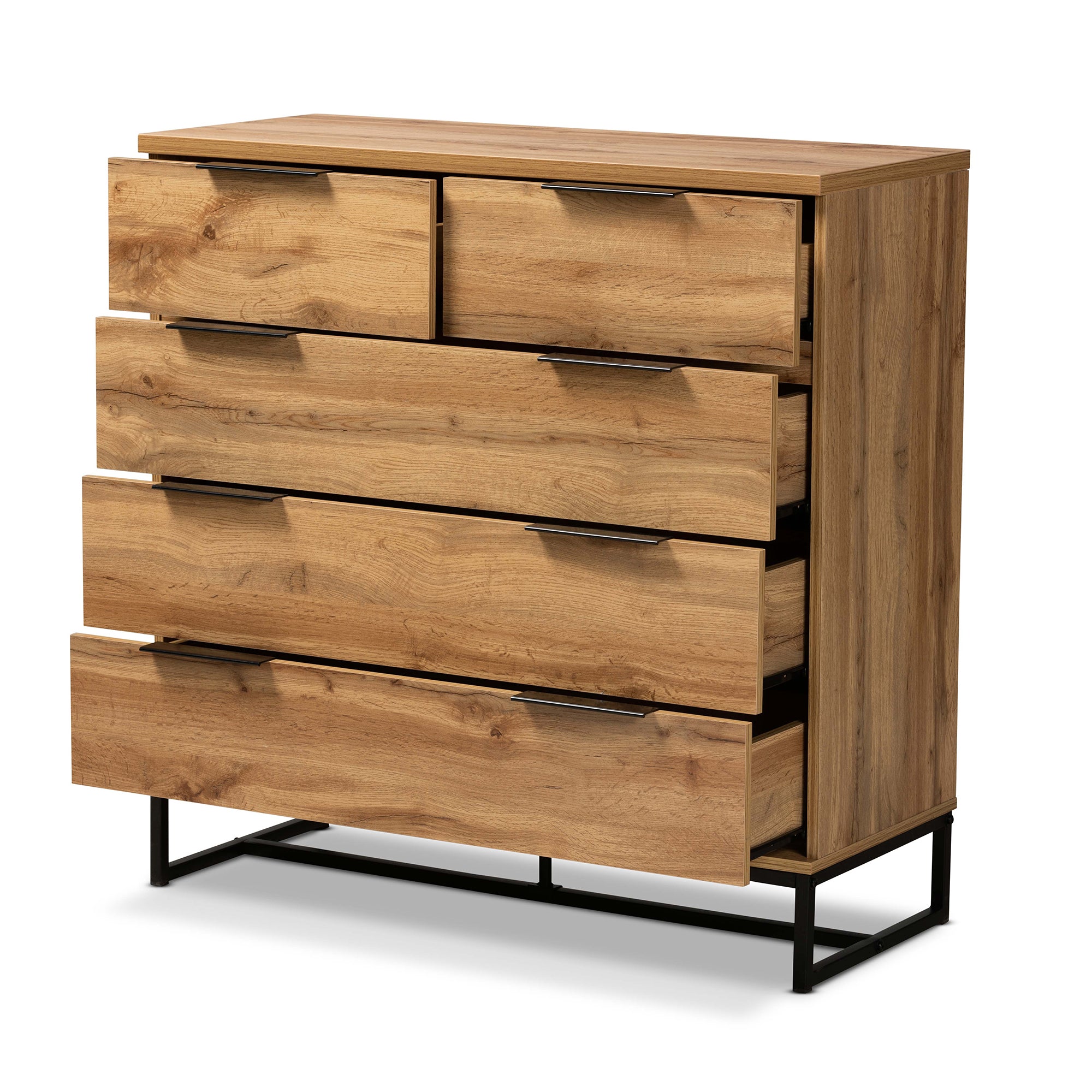 Baxton Studio Franklin Modern and Contemporary Oak Finished Wood and Black Finished Metal 5-Drawer Bedroom Chest