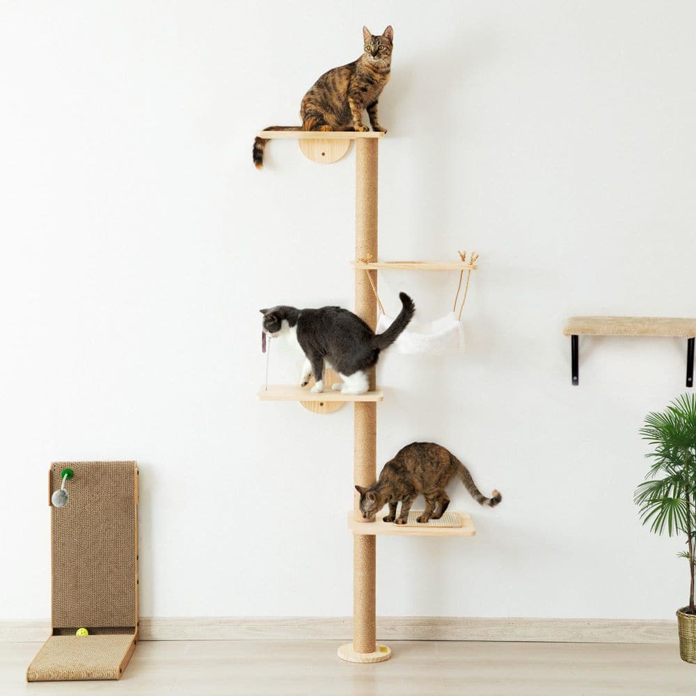 Wall-Mounted Cat Scratching Pad for Small to Large Cat, Indoor Wood Cat Tree with Hammock, Cat Scratcher Perch H-D0102H94PUW