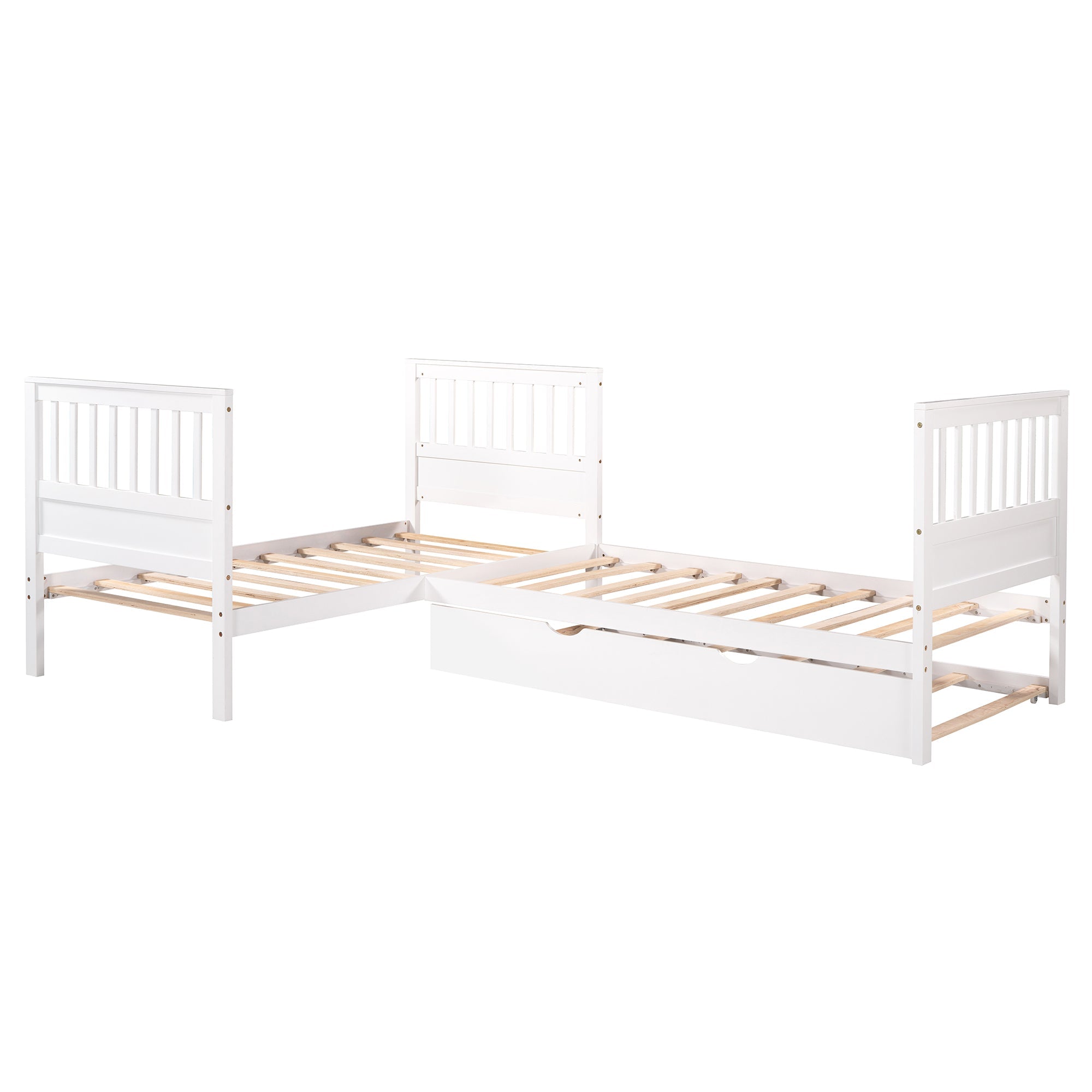 Wood Twin Size L-Shaped Platform Bed with Trundle for Kids Bedroom, White