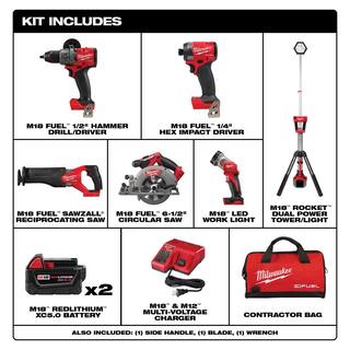 MW M18 FUEL 18-Volt Lithium-Ion Brushless Cordless Combo Kit (5-Tool) with M18 Rocket Light 3697-25-2131-20