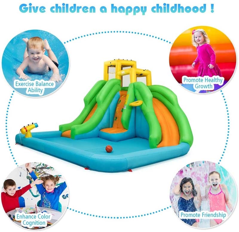 6-in-1 Dual Water Slide Kids Inflatable Bounce House Giant Water Park with Climbing Wall, Splash Pool, Water Cannon