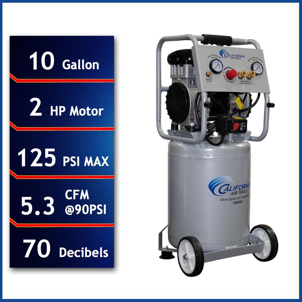 California Air Tools 10 Gal. 2.0 HP Aluminum Rust-Free Air Tank Ultra-Quiet and Oil-Free Electric Air Compressor with Automatic Drain Valve 10020ACAD