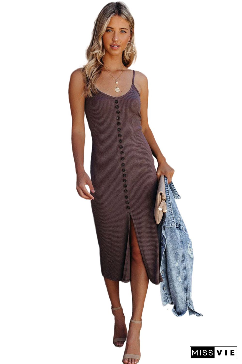 Brown Buttoned Ribbed Knit Sleeveless Midi Dress with Slit