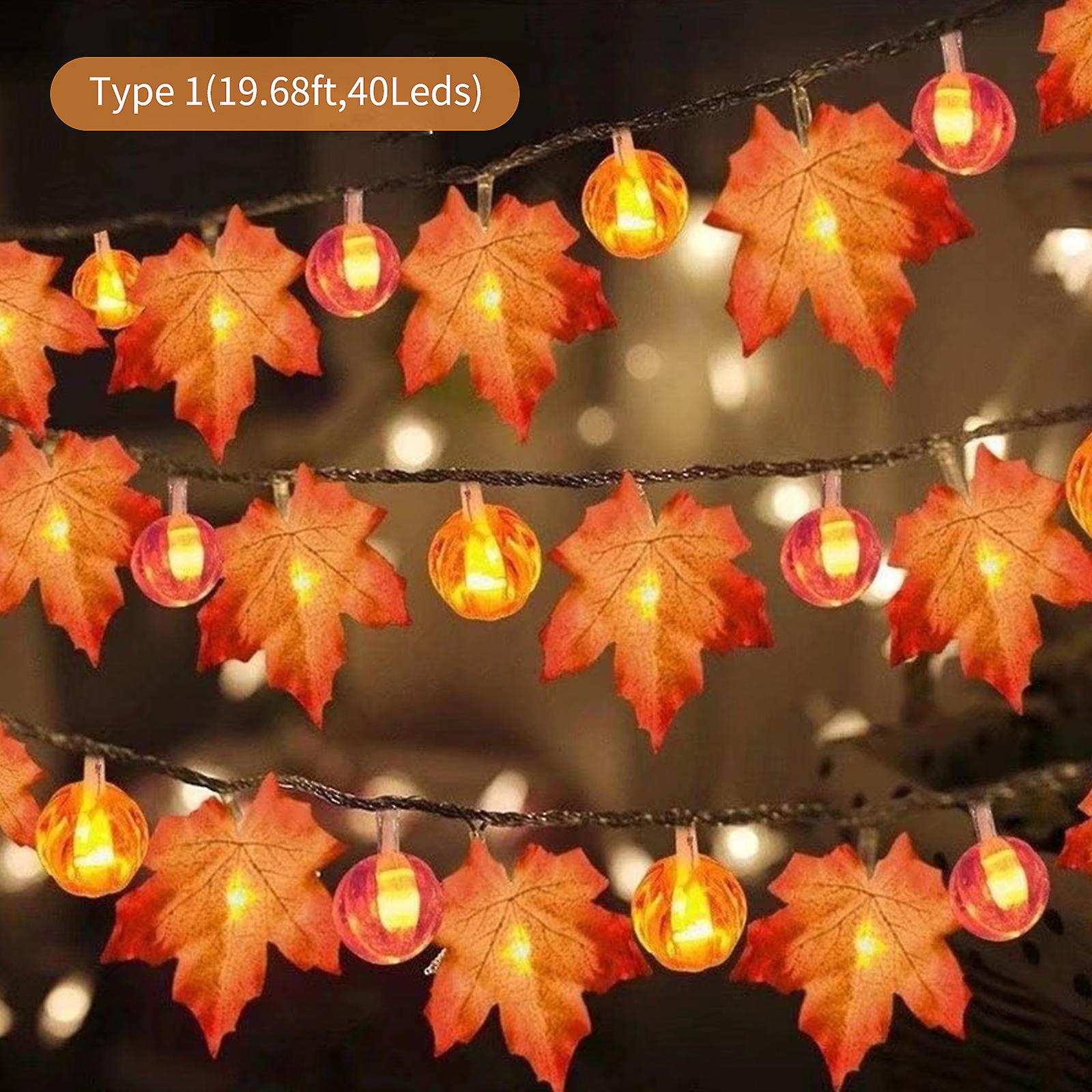 20ft 40leds Halloween Fairy String Lights Pumpkin Maple Leaf Shaped Decorative Hanging Lights Warm White Waterproof Battery Operated Lighting No.21367