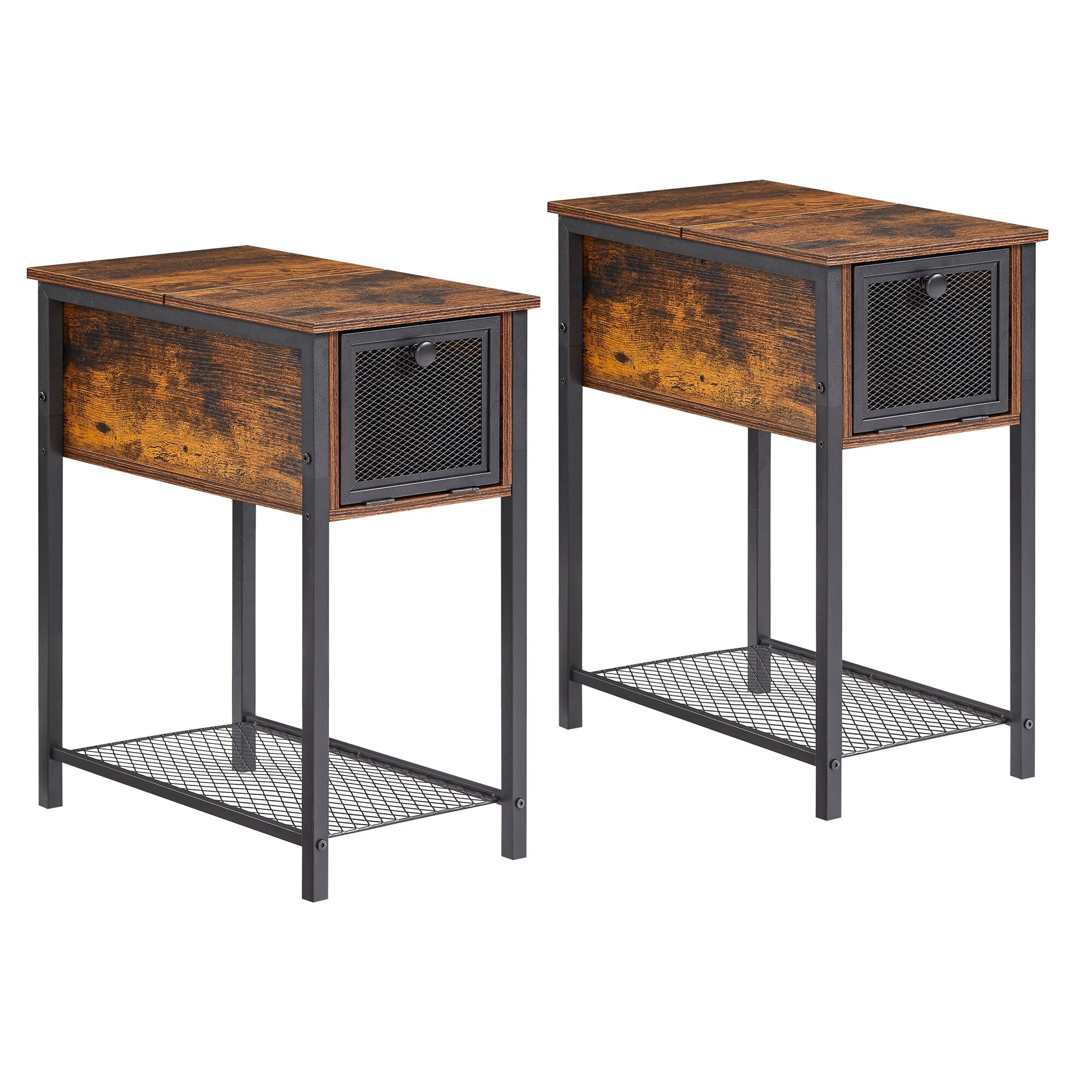 Set of 2 Flip Top Side Table with 1-Drawer and Steel Mesh Shelf ，Slim Sofa Table， Rustic Brown