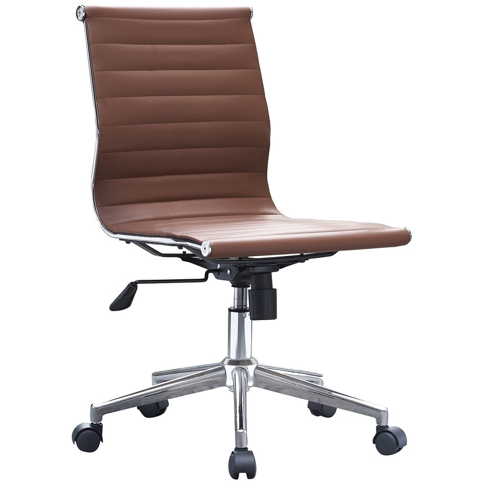 Brown Adjustable Mid Back Office Chair: Sleek Swivel  PU Leather  Armless  Ribbed