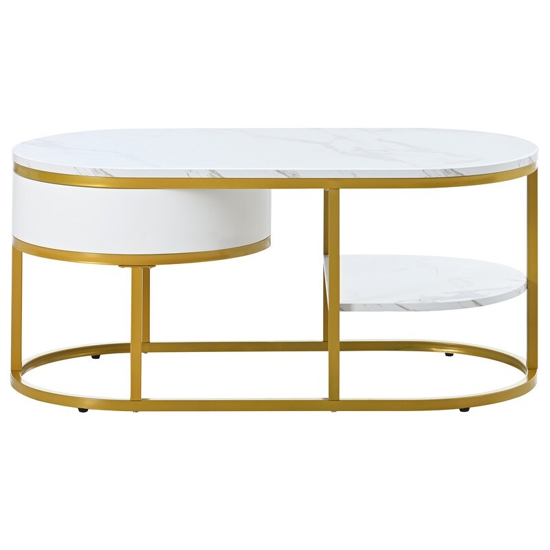 Modern Marble Coffee Table  Center Table Cocktail Table with Drawers   Shelves Storage for Living Room and Bedroom