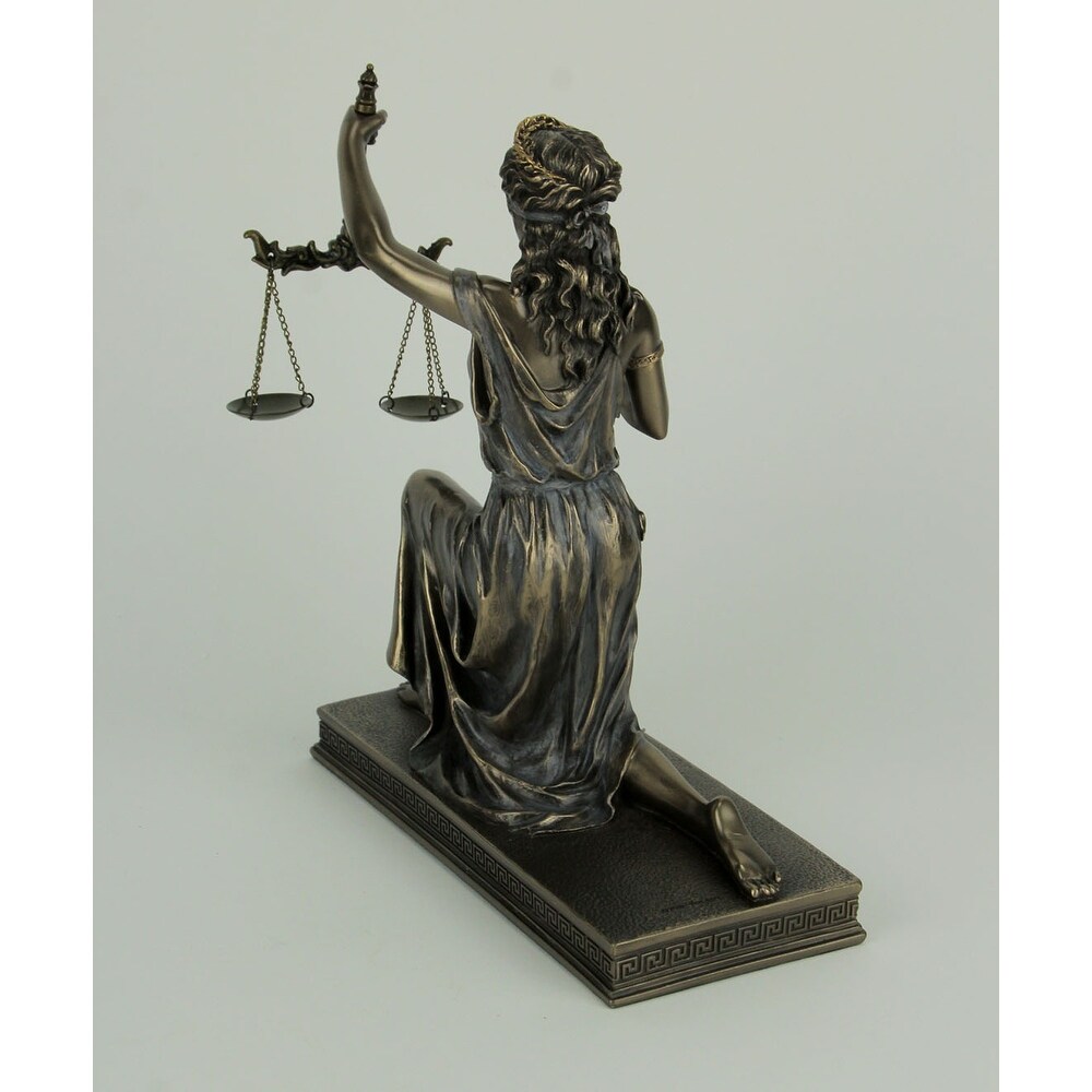 Bronze Lady Justice Holding Balance Scales And Sword Resin Statue   9.5 X 8 X 4 inches