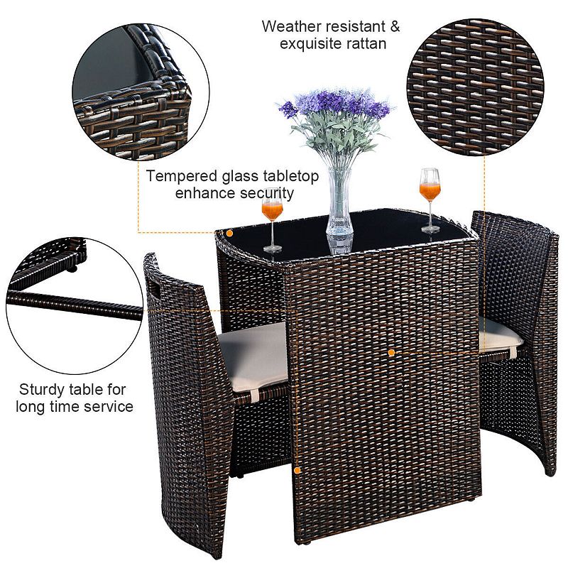 3 Pieces Cushioned Wicker Patio Bistro Set