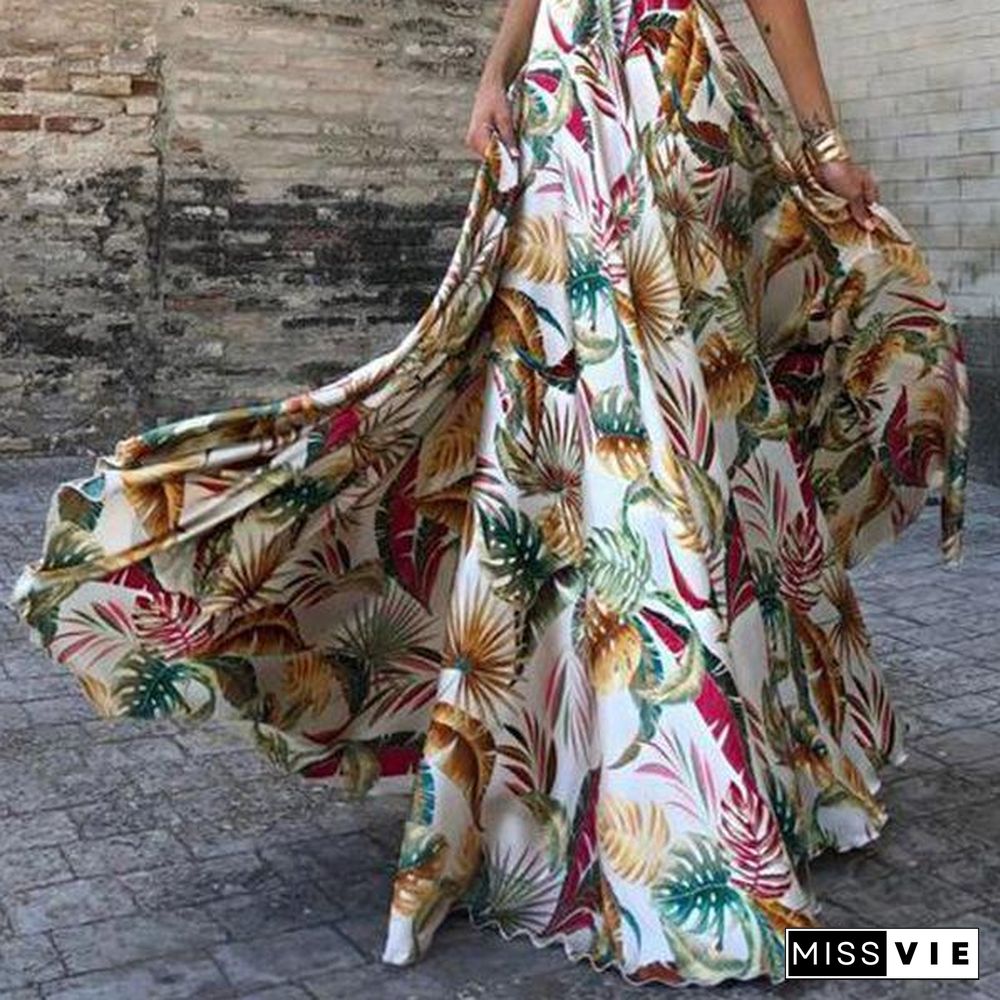 Plant Printed Backless Sexy Dress