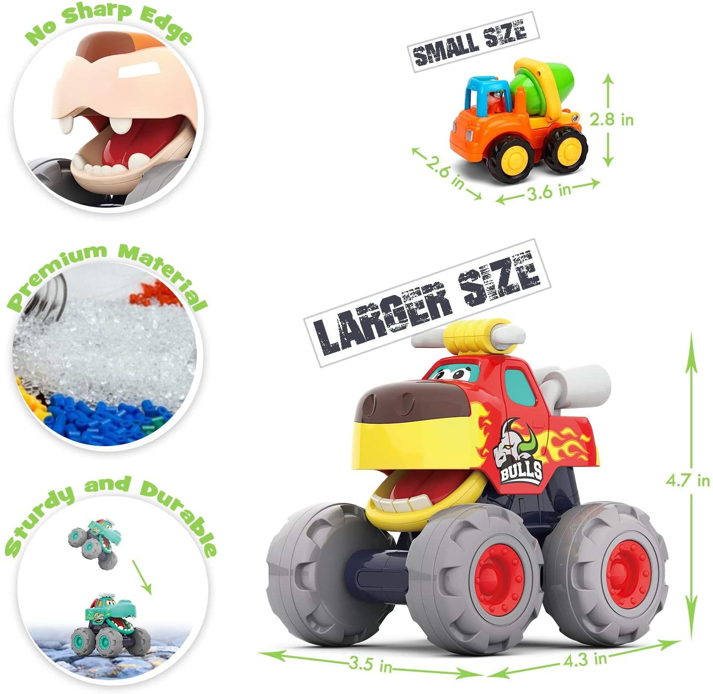 MOONTOY Toy Cars for 1 2 3 Year Old Boy， 3 Pack Monster Trucks Toys for 1 + Year Old Boy Gifts， Friction Powered Pull Back Push and Go Car for Toddler Baby Boy Toys 12-18 Months