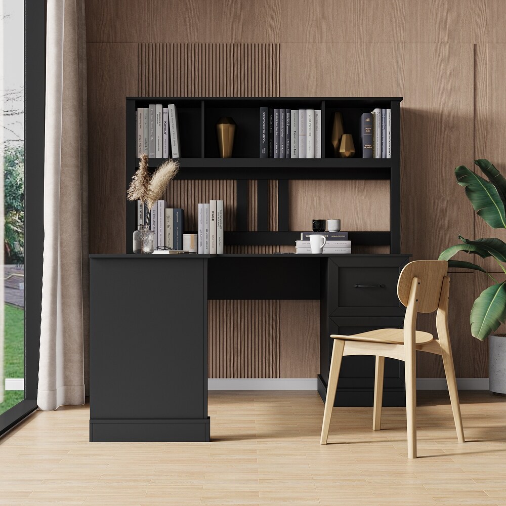L Shape Home Office Computer Desk with Hutch Study Table with Drawers  Black