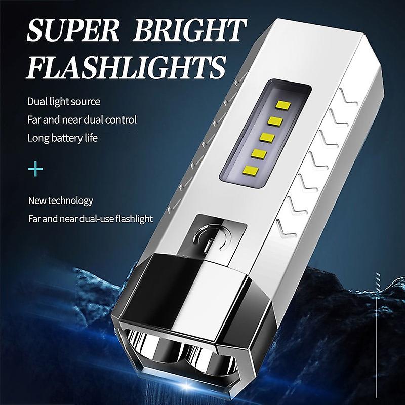 Usb Rechargeable 2 Led + 5 Cob Flashlight 4 Lighting Modes Mini Portable Emergency Light