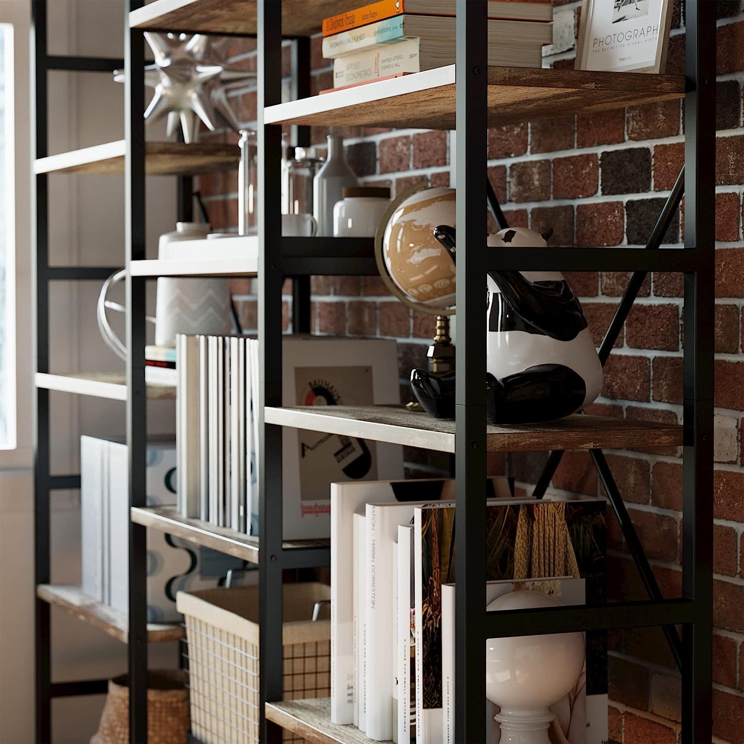 Triple Wide 6 Tiers Industrial Bookshelf, Large Etagere Bookcases and Bookshelves Open Display Shelves with Metal Frame