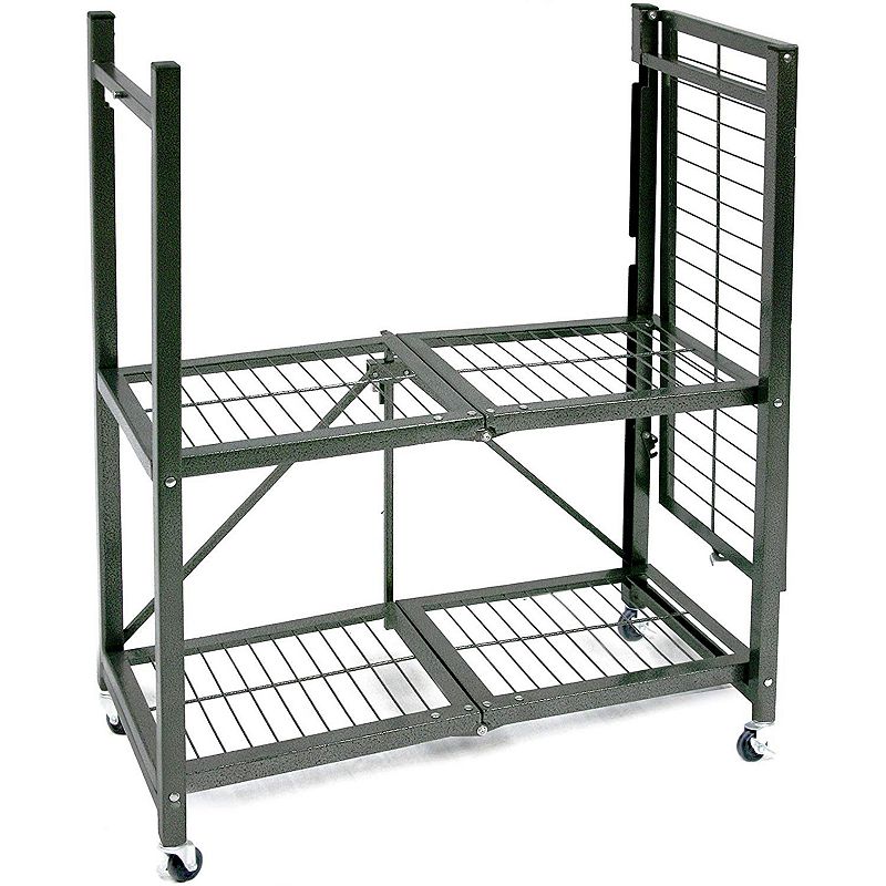 Origami R3 General Purpose Foldable 3-Tiered Shelf Storage Rack and Wheels， Pewter