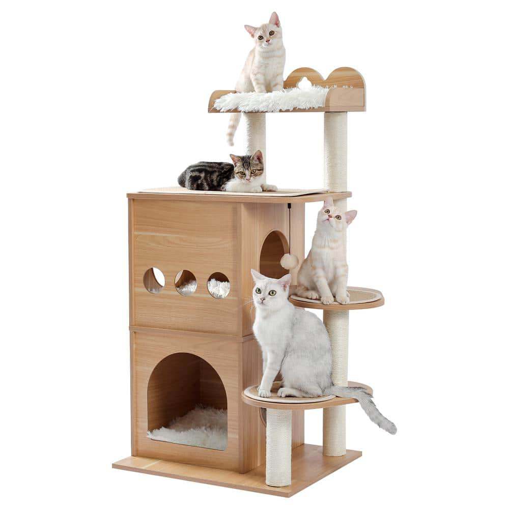 Foobrues Modern Cat Tree Wooden Multi-Level Cat Tower, Deeper Version of Cat Sky Castle with 2 Cozy Condos and Luxury Perch L-W79632636