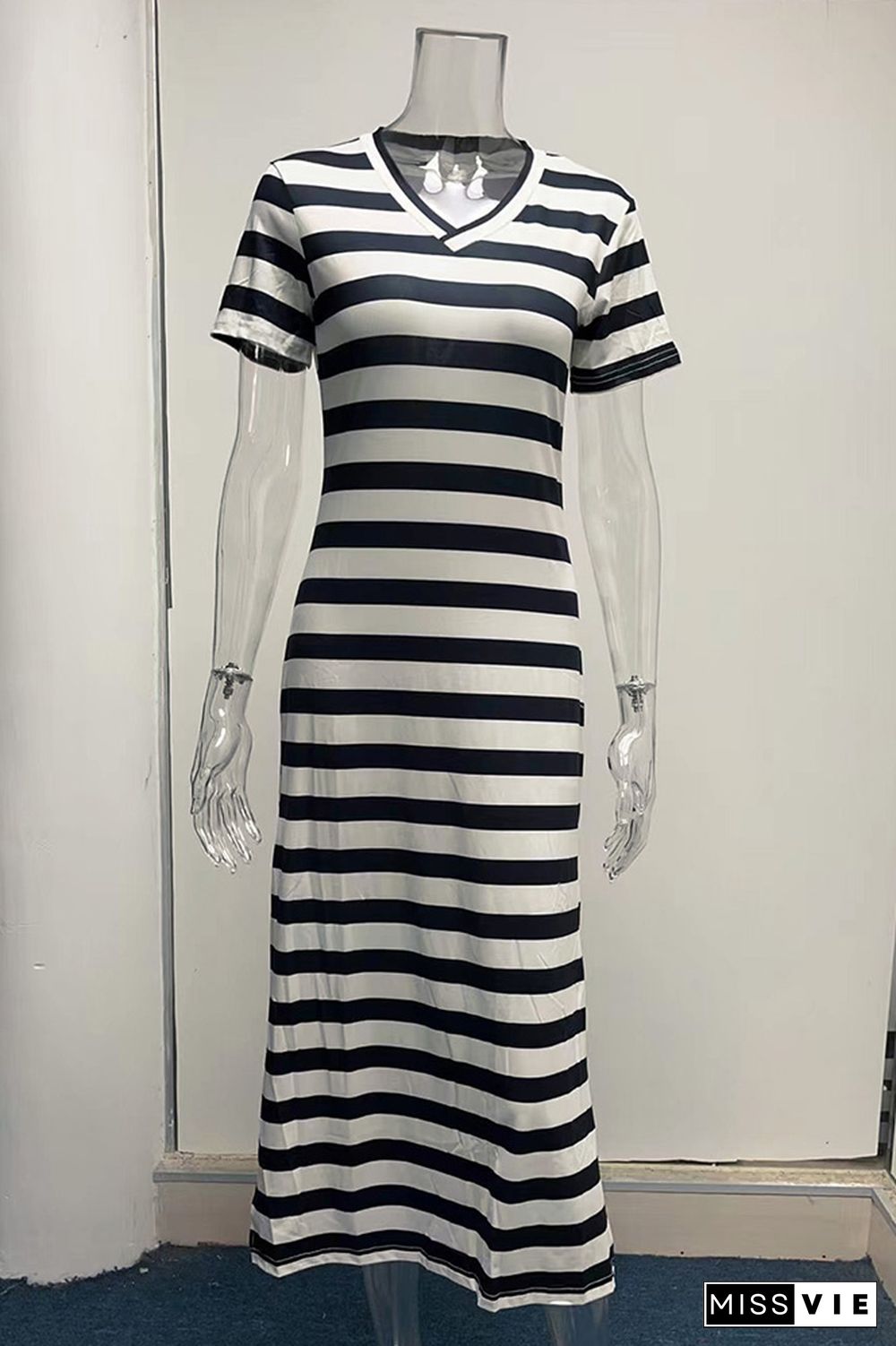 V Neck Split Stripes Dress