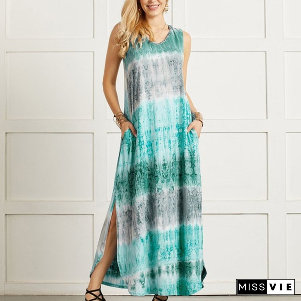 Womens Bohemia Sleeveless Maxi Dress Summer Casual Loose Tie Dye Printing Long Sundress Plus Size