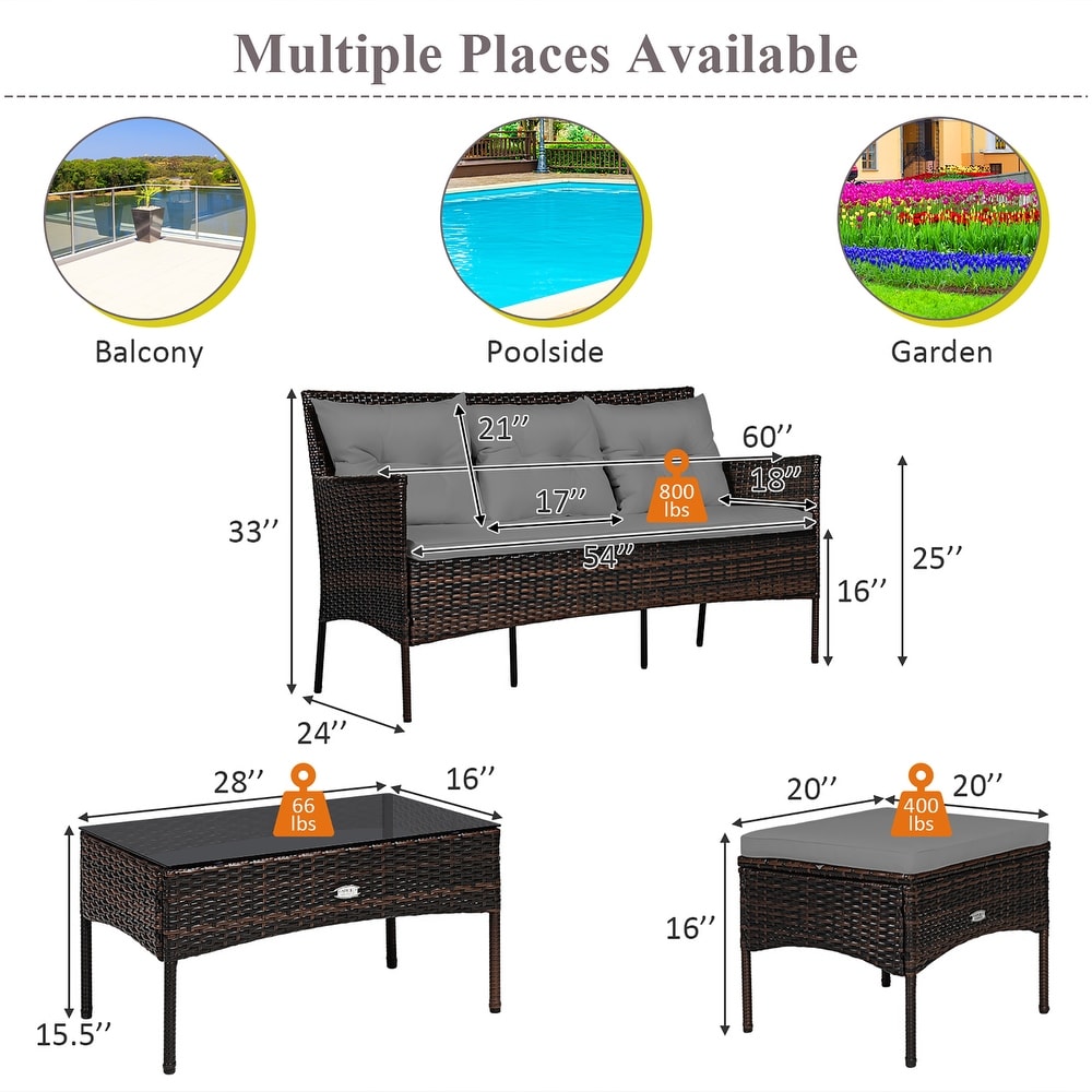 3 PCS Patio Furniture Sectional Set Rattan Wicker Conversation Set
