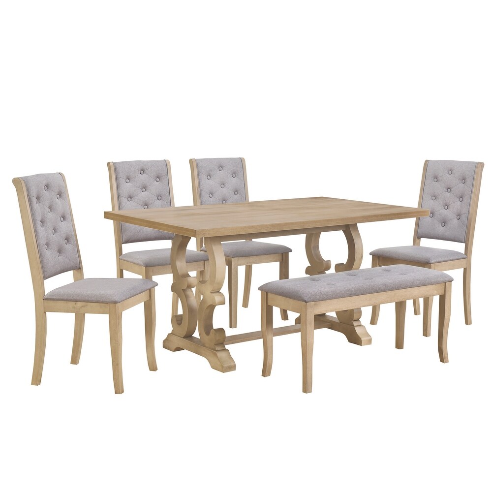 Unique designed 6 Piece Dining Table Sets  Retro Wood Grain Dining Table with Four Linen Upholstered Dining Chairs and Bench