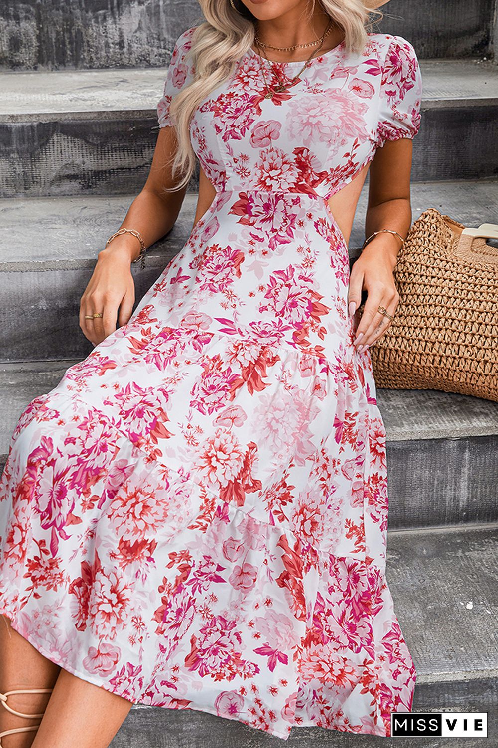 Pink Waist Cut Out Floral Midi Dress