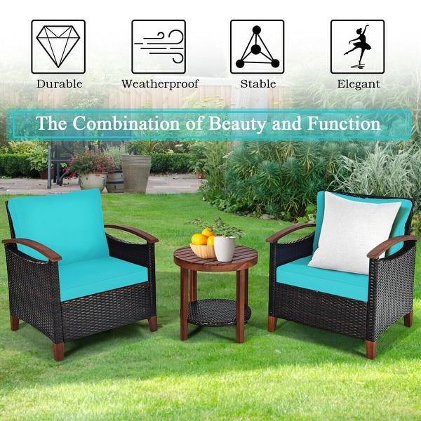 3Piece Patio Rattan Furniture Set with Solid Wood Frame