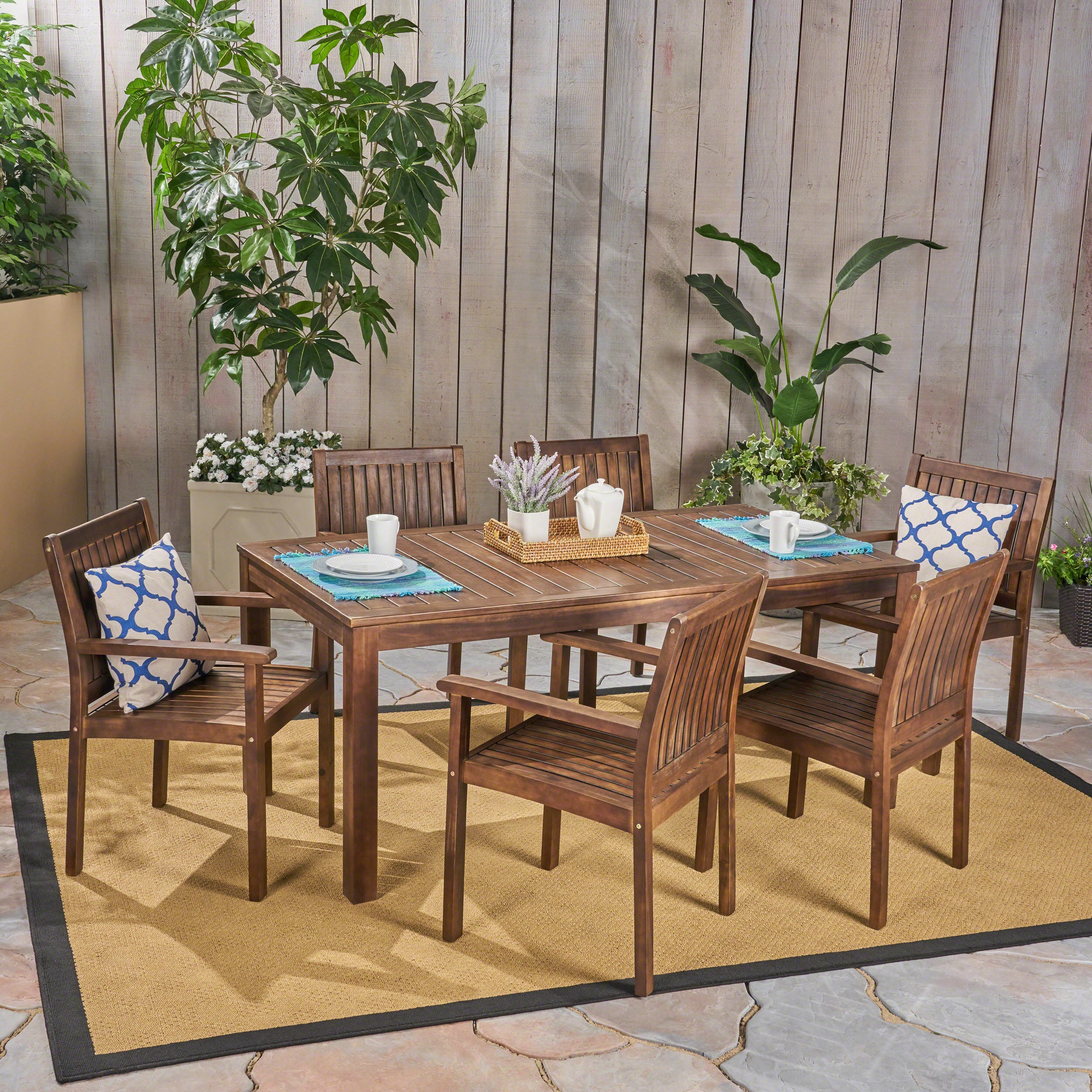 Odin Outdoor 7-Piece Acacia Wood Dining Set, Dark Brown