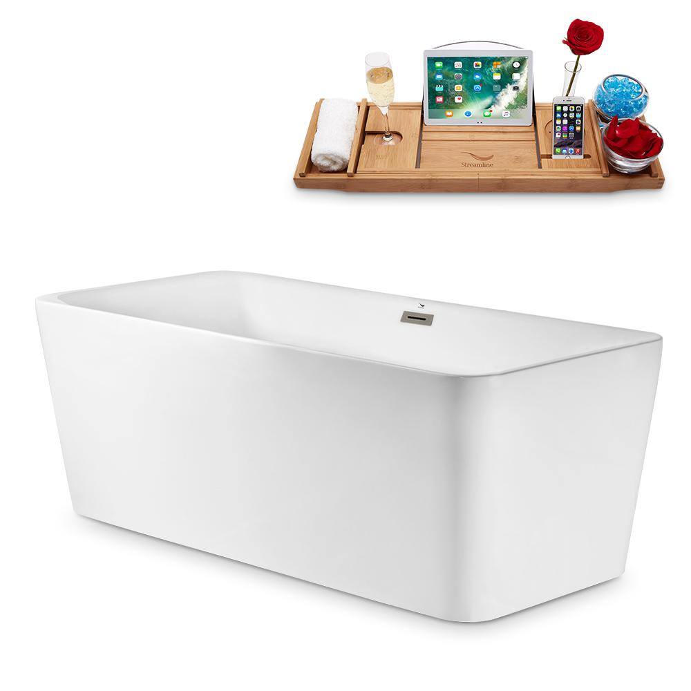 Streamline 62 in. Acrylic Flatbottom Non-Whirlpool Bathtub in Glossy White with Brushed Nickel Drain and Overflow Cover N2180BNK