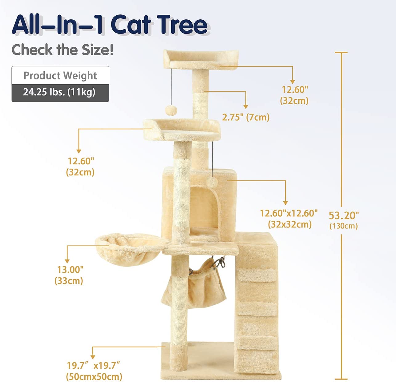 53in Cat Tree Tower Condo Furniture Scratch Post with Natural Sisal Rope, Multi-Level Cat Condo with Hammock & Cradle for Kittens, Tall Cat Climbing Stand with Plush Perch (Beige)