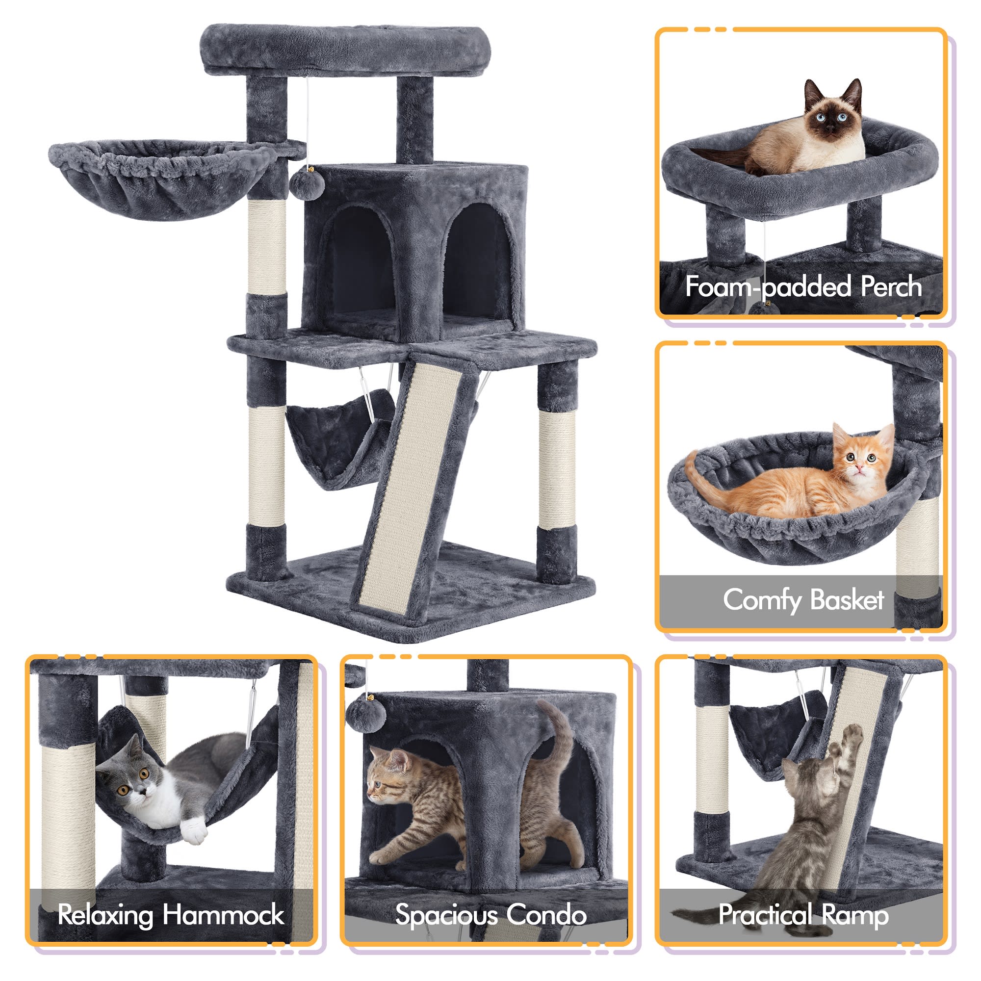 Topeakmart Dark Gray Medium Plush Cat Tree with Condo， 40