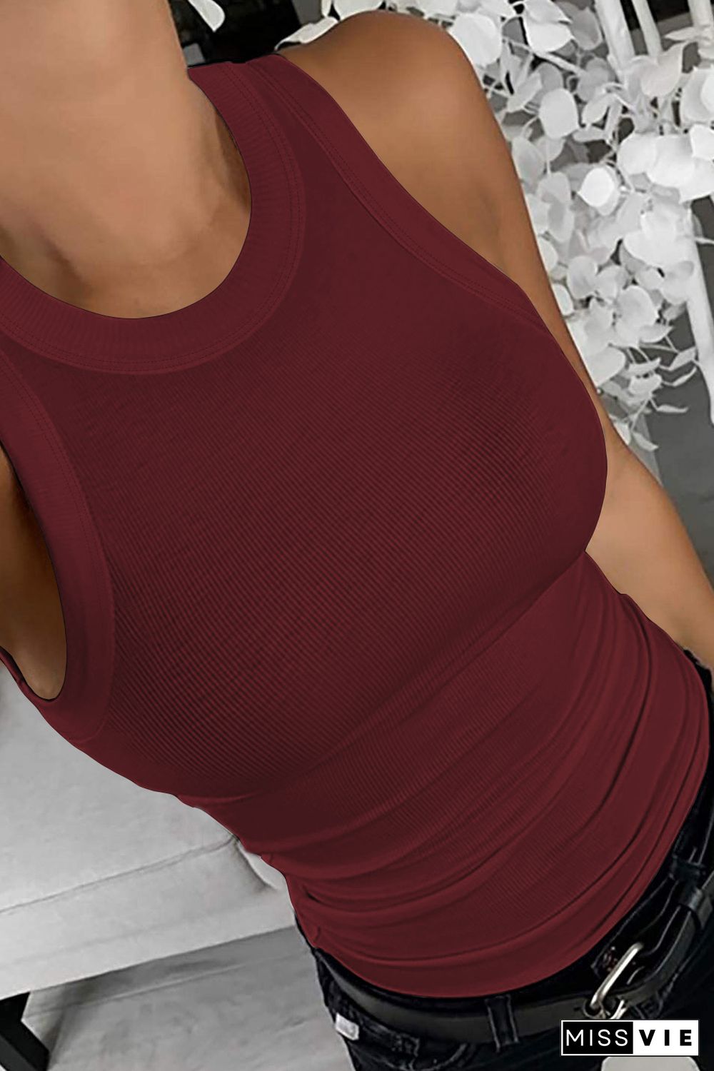 Red Solid Ribbed Knit Slim Fit Tank Top