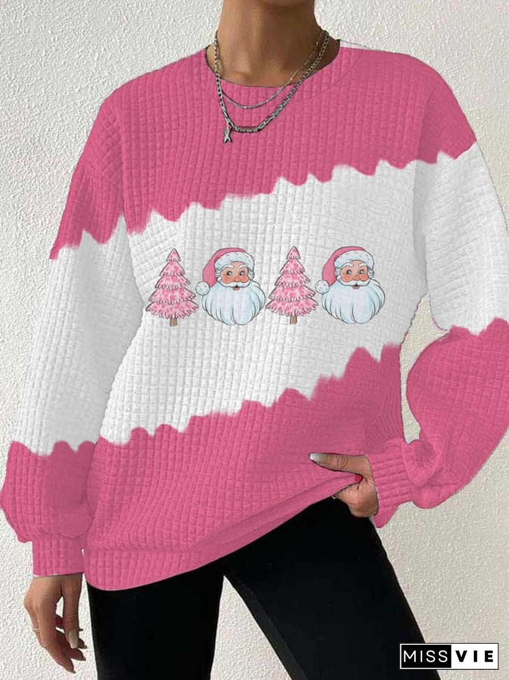 Women's Santa Christmas Tree Print Waffle Sweatshirt