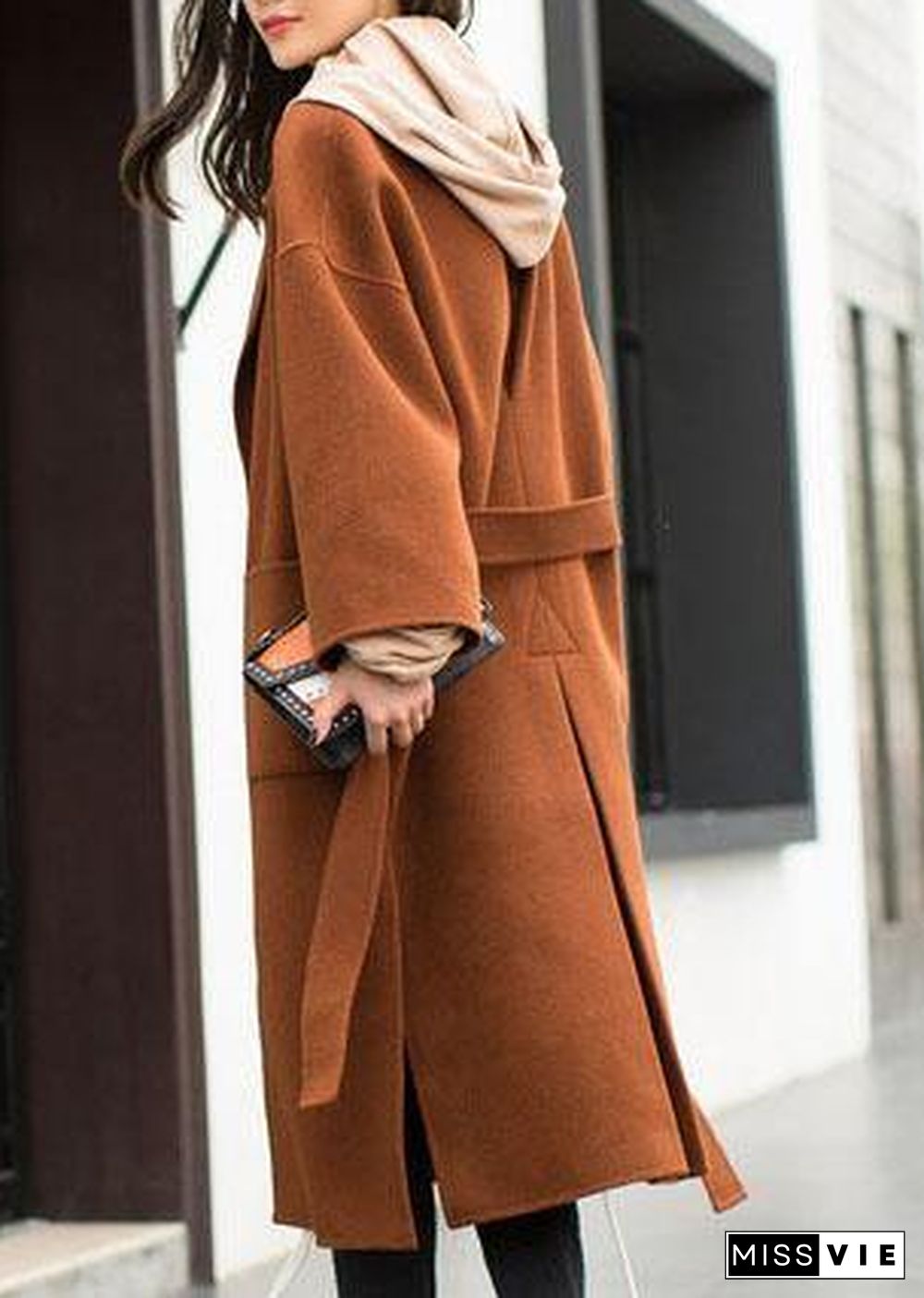 2019 plus size medium length coat Notched coat brown tie waist side open Woolen Coat Women