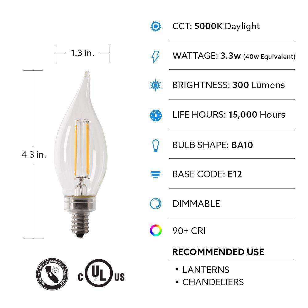 Feit Electric 40-Watt Equivalent BA10 E12 Candelabra Dimmable Filament CEC Clear Chandelier LED Light Bulb Daylight 5000K (4-Pack) BPCFC40950CAFIL4RP