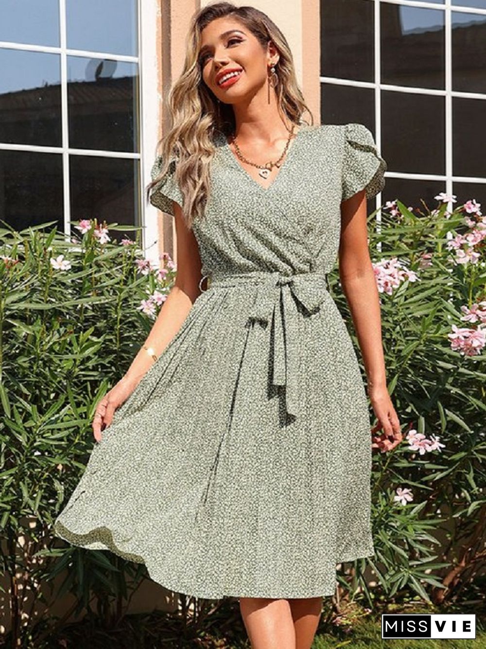 Green Printed Pleated V-neck Dress