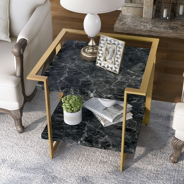 Furniture of America Lovell Gold and Black Faux Marble Side Table