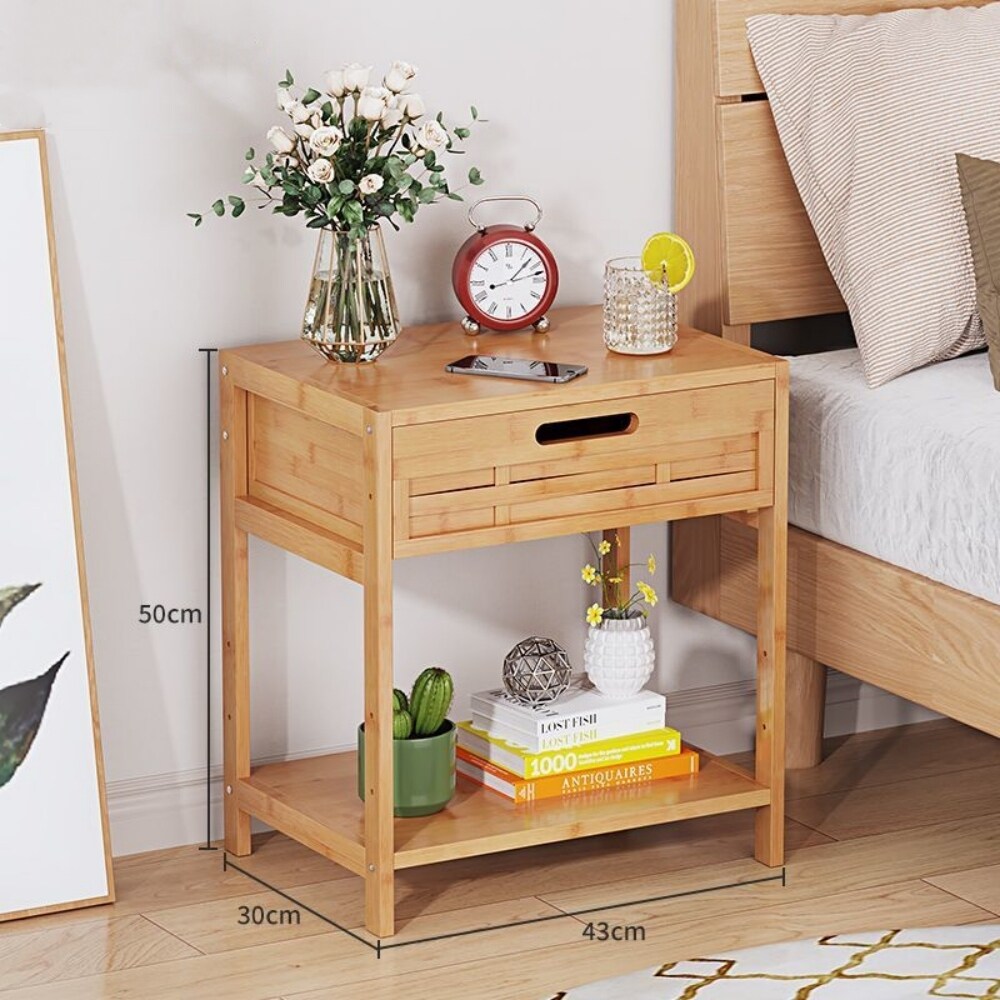 Bamboo Nightstand with Drawer and Storage Shelf