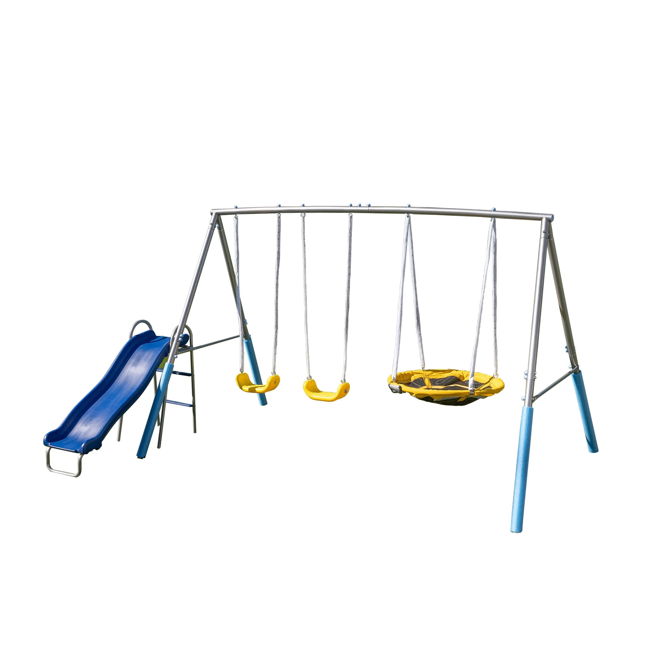 Sportspower Comet Metal Swing Set with LED Light up Saucer Swing， 2 Swings and 5ft slide