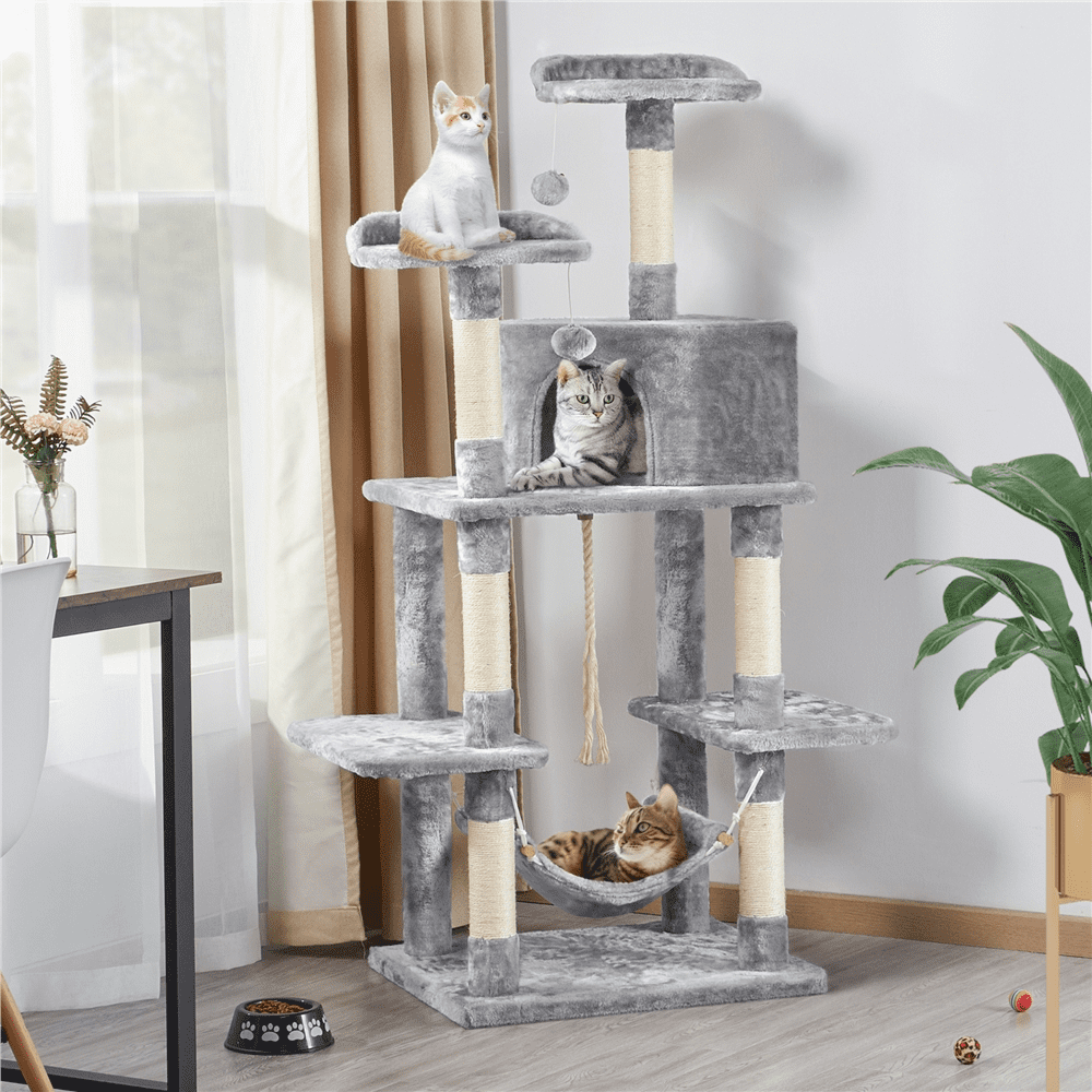 Topeakmart 59-in Cat Tree and Condo Scratching Post Tower， Light Gray