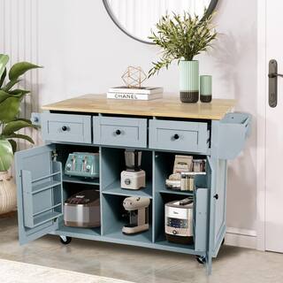 Cesicia Blue Rubberwood Drop-Leaf Countertop 53.1 in. Kitchen Island Cart with Cabinet Door Internal Storage Racks and 3-Drawer KIBE585