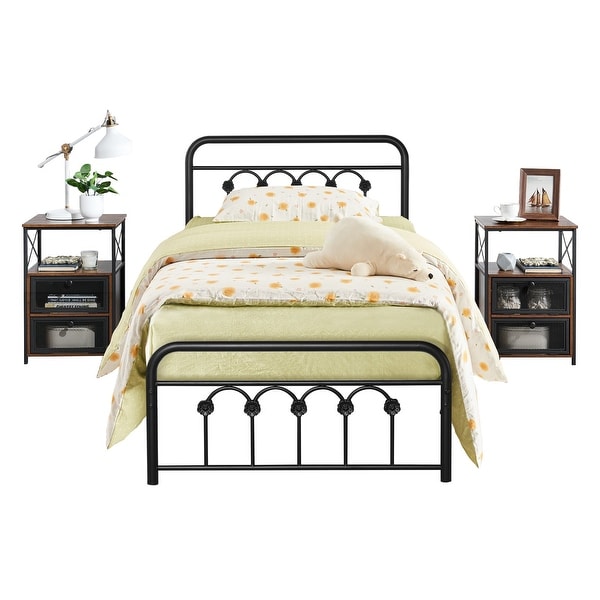 Taomika 3-Pieces Modern Bedroom Set with Black Platform Bed Frame and 3-tier Shelf Doors Nightstands - - 36069034