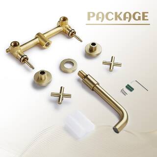 UPIKER Modern Double Handle Wall Mounted Bathroom Faucet with 3 Holes Brass Rough-in Valve in Brushed Gold UP2301SFG0001