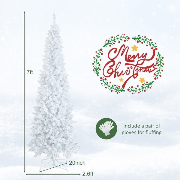 Costway 7FT PreLit Hinged Pencil Christmas Tree White w/ 300 LED