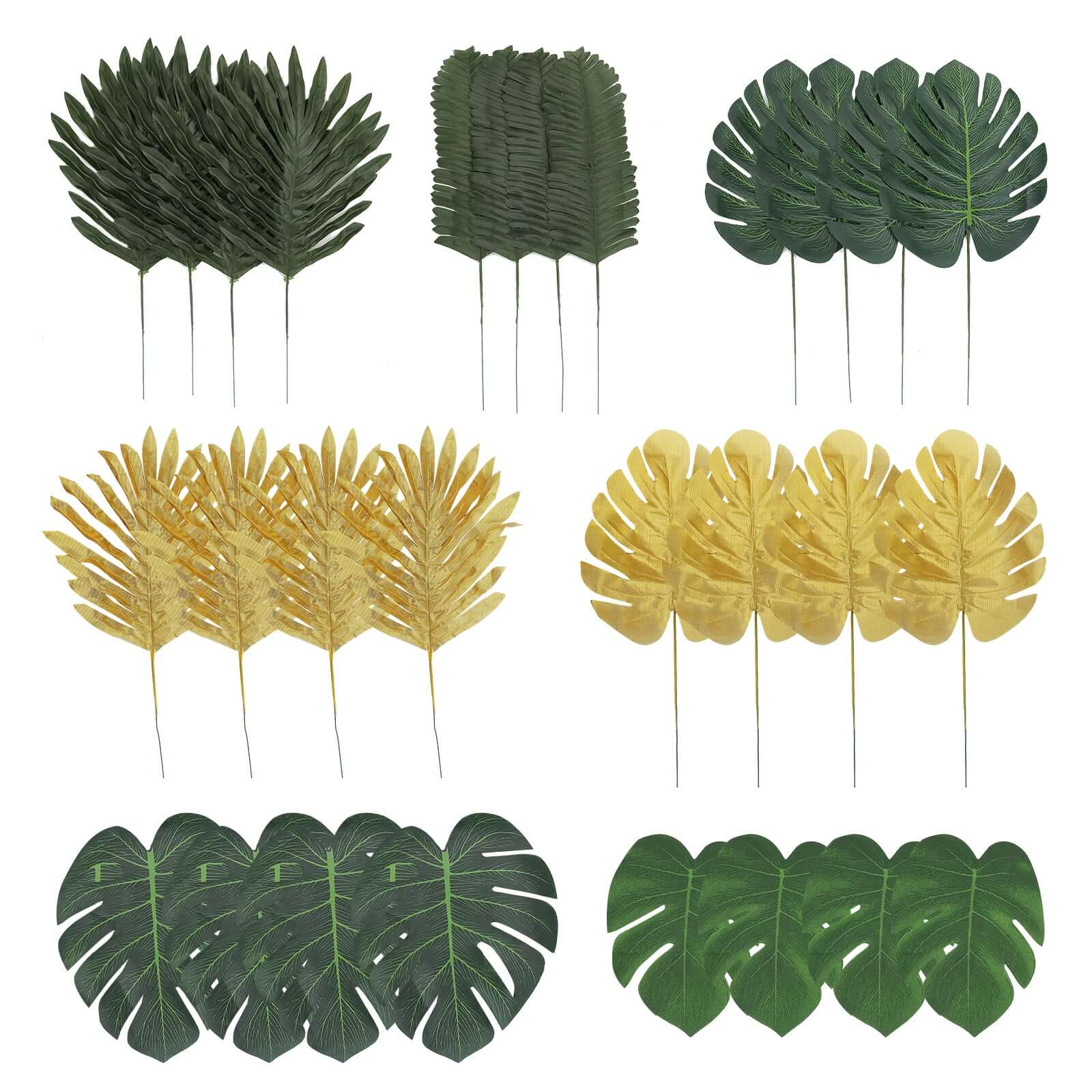 28 Pack Green And Gold Artificial Jungle Theme Palm Leaves, Assorted Silk Tropical Monstera Branches