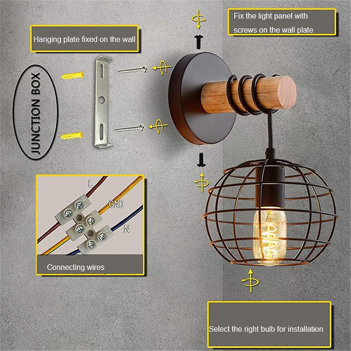 Led Wall Sconce Round Interior Industrial Metal And Wood Vintage Wall Lighting Cage Light For Bedroom Kitchen Dining Room (b)