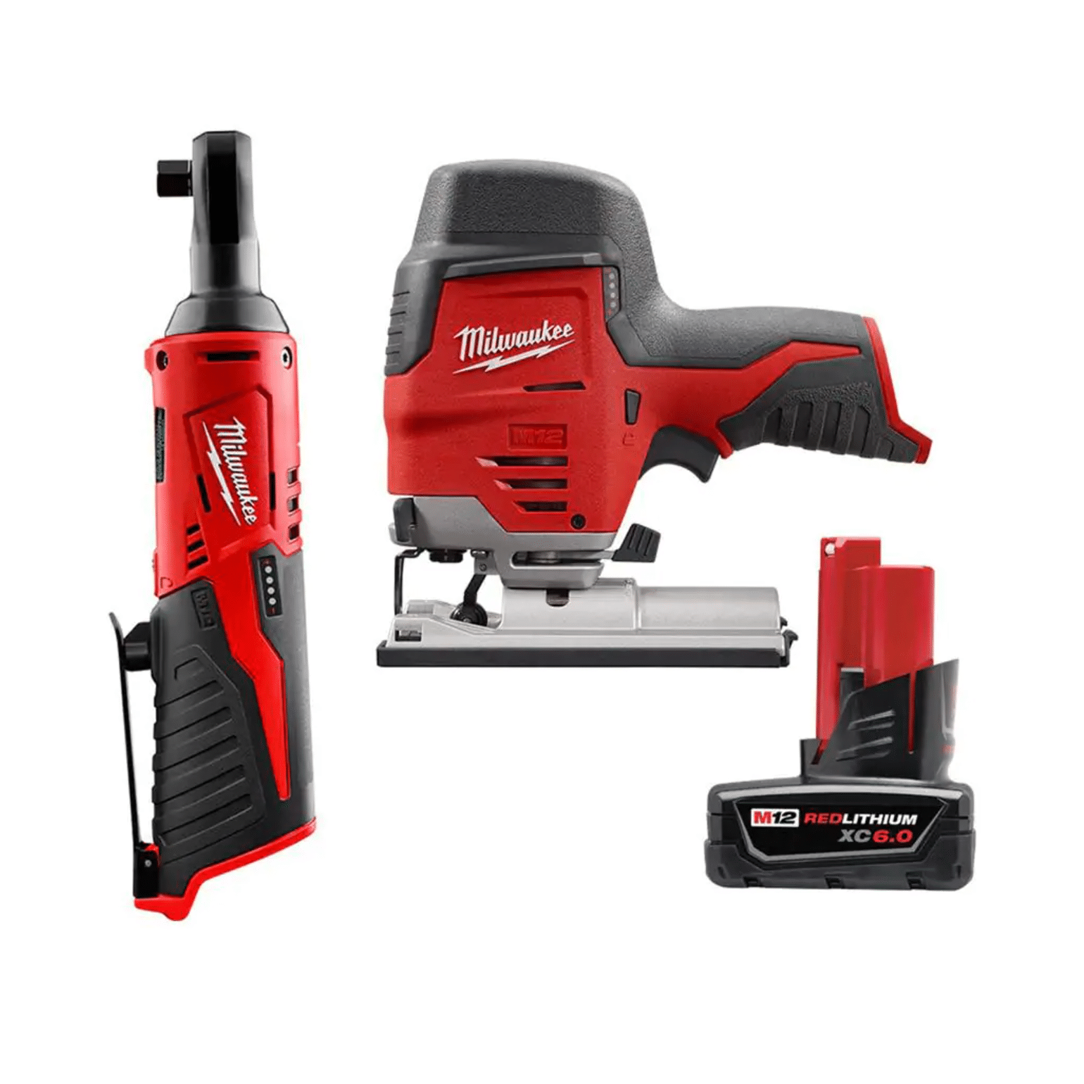 Milwaukee M12 12V Lithium-Ion Cordless Jig Saw with M12 3/8 in. Ratchet and 6.0 Ah XC Battery Pack (2445-20-2457-20-48-11-2460)