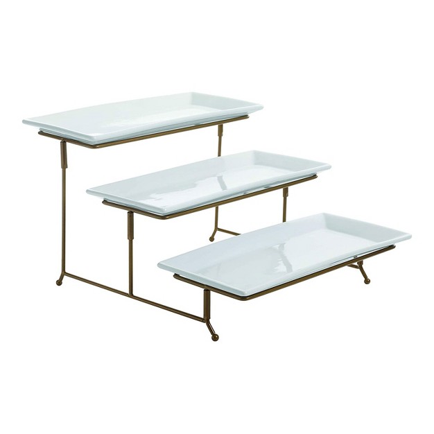 Gibson Elite Gracious Dining Ceramic 3 Tier Rectangular Serving Platter Appetizer Dessert Stand Food Server Tray Display Gold 2 Pack